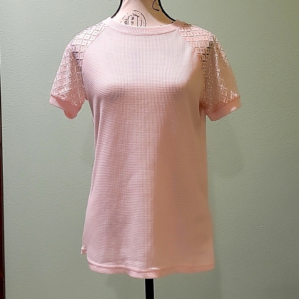 Waffle knit Lace Sleeve Short Sleeved Shirt